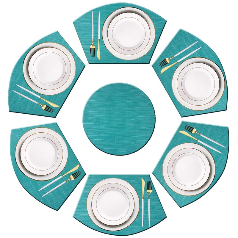 PIGCHCY Wedge Shaped Placemats Set of 6 with Centerpiece Round Mats Washable Kitchen Placemats Heat-Resistant Table Mats (Teal Blue) - Image 1